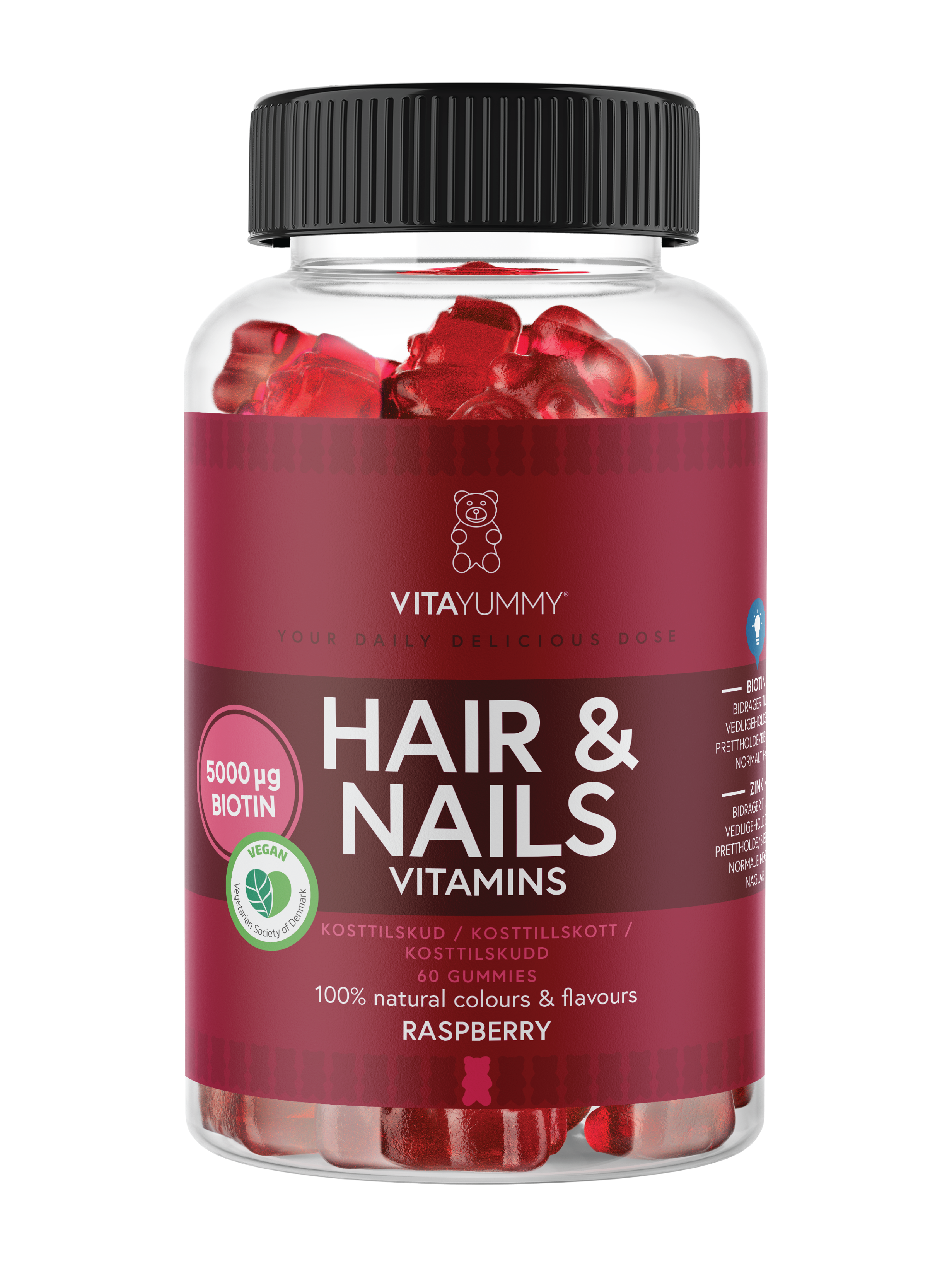 VitaYummy Hair & Nails Vitamins, Bringebær, 60 stk.