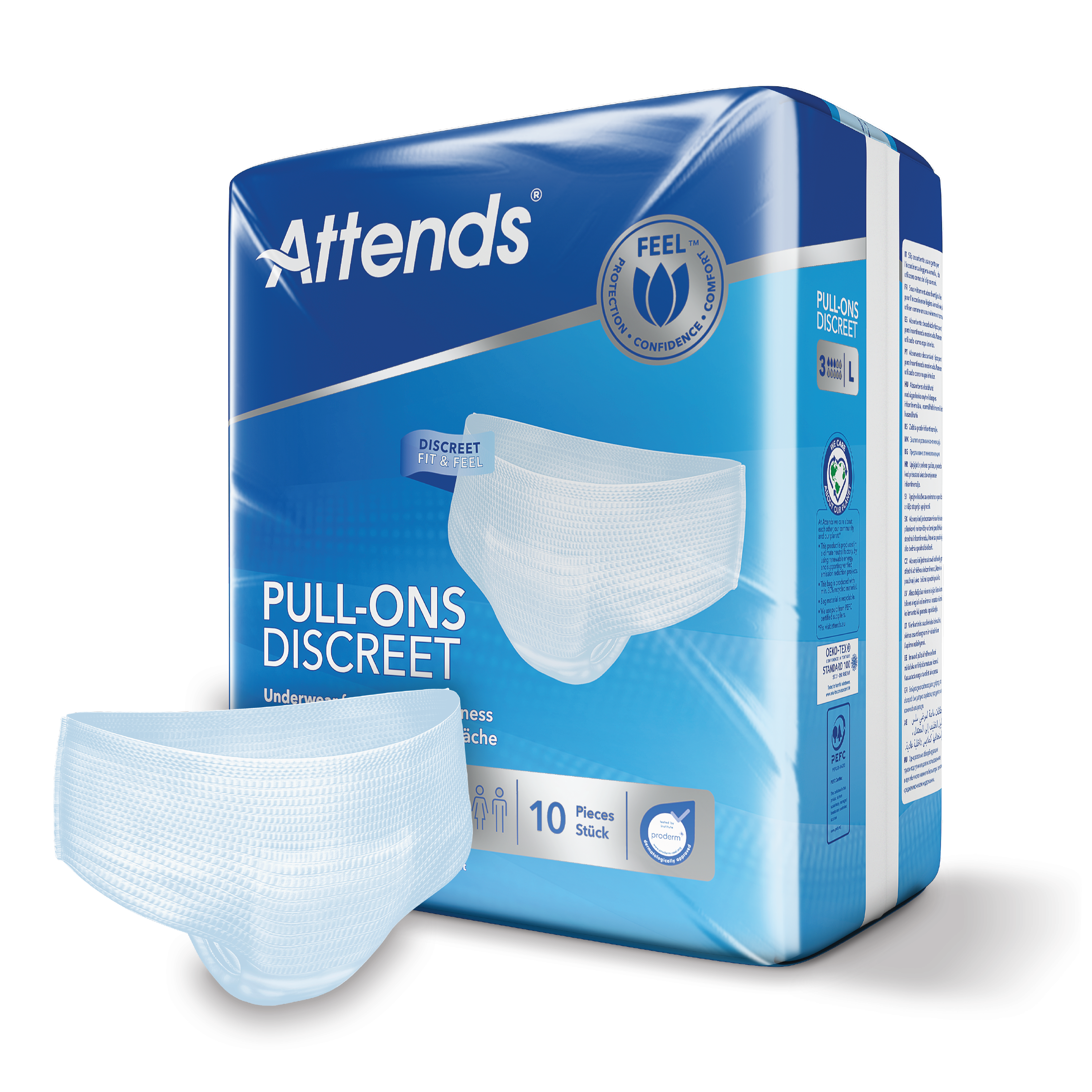 Attends Pull-Ons Discreet Underwear 3L Buksebleie, Large, Hvit, 10 stk.