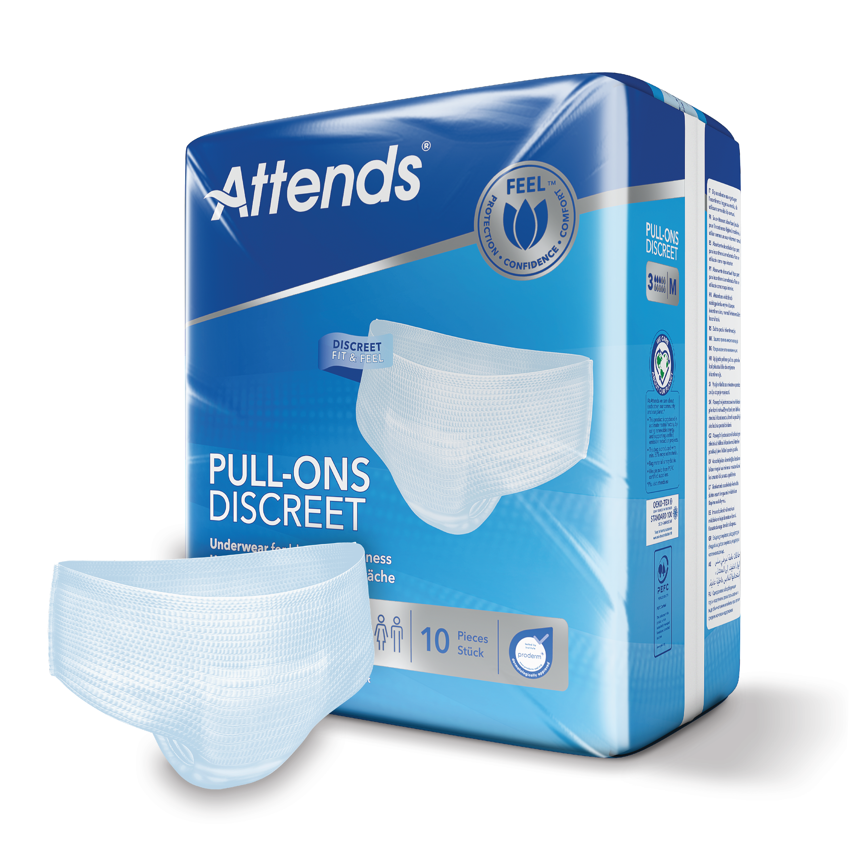 Attends Pull-Ons Discreet Underwear 3M Buksebleie, Medium, Hvit, 10 stk.