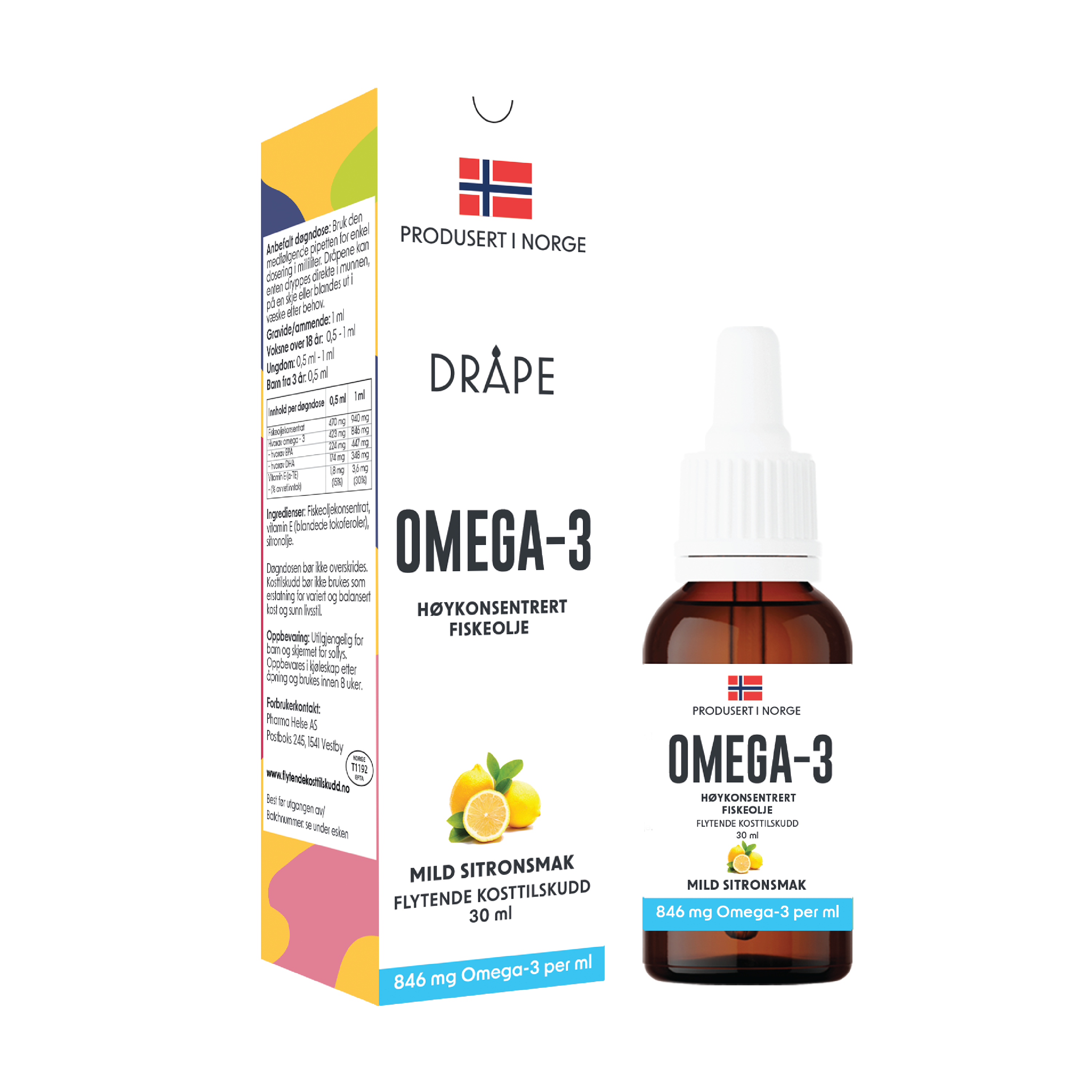 Dråpe Omega-3 høykonsentrert fiskeolje, Sitron, 30 ml