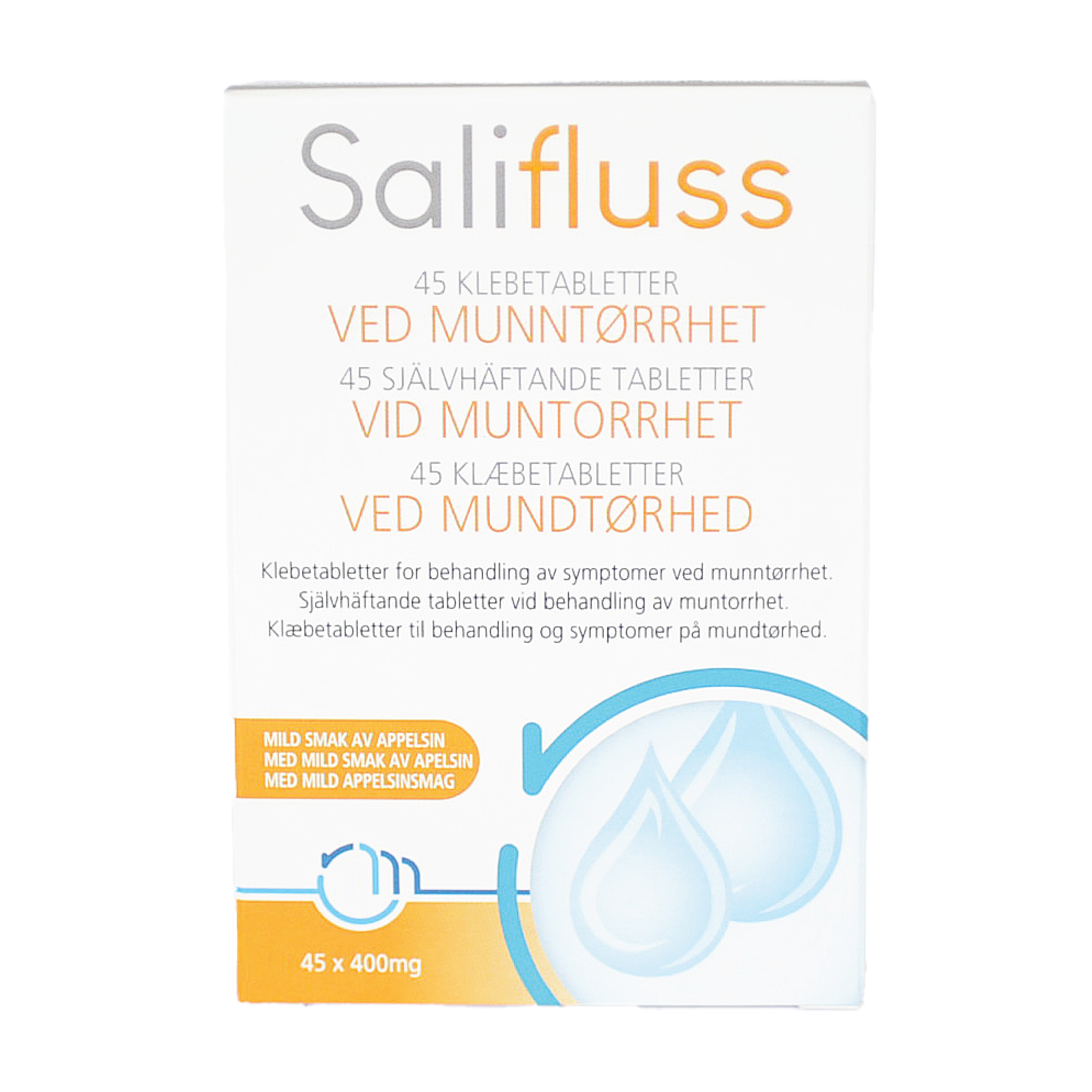 Salifluss Klebetabletter ved munntørrhet, Appelsin, 45 stk.