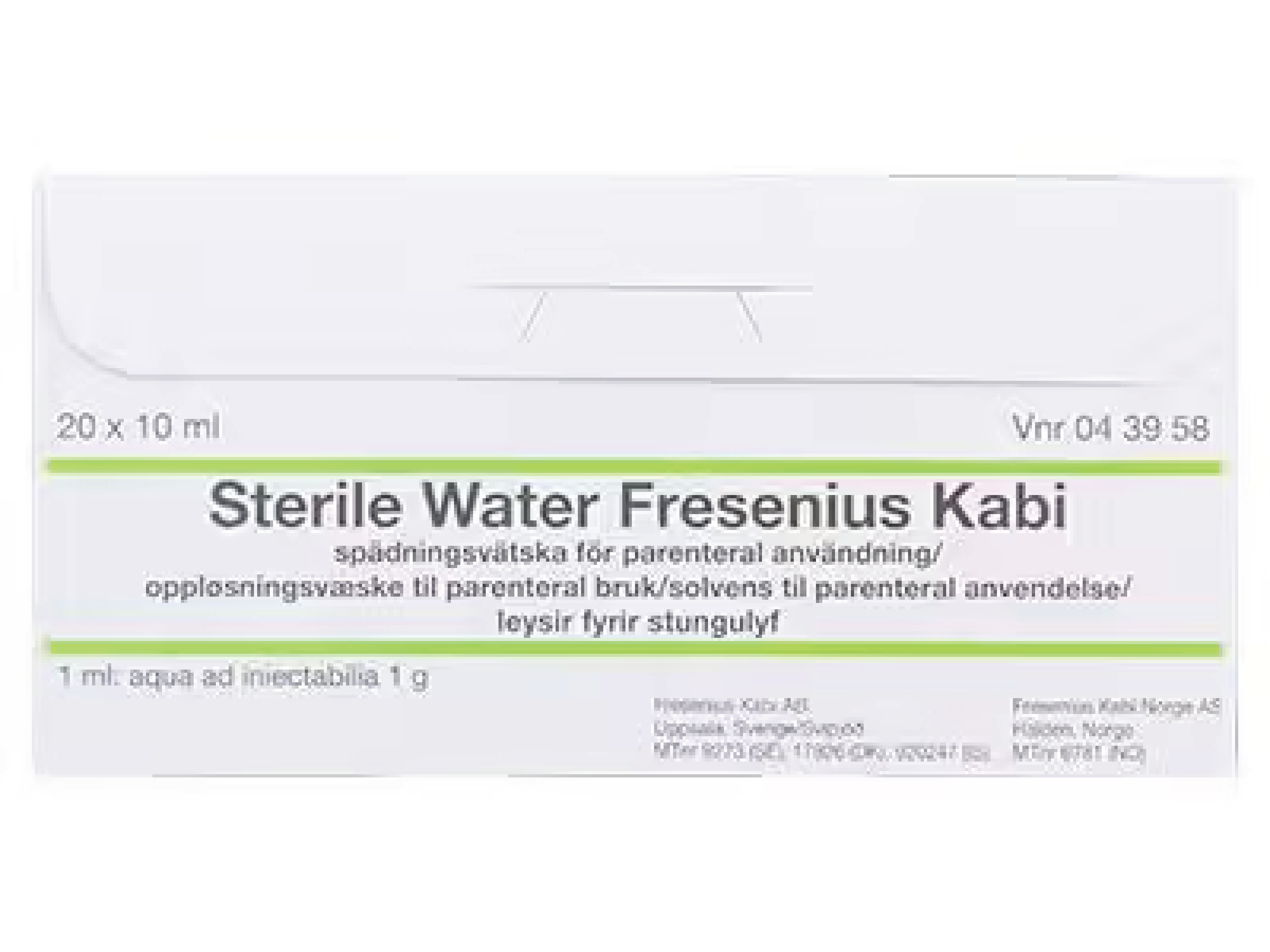 Sterile water Fresenius Kabi Oppløsningsvæske til parenteral bruk, 20 x 10 ml