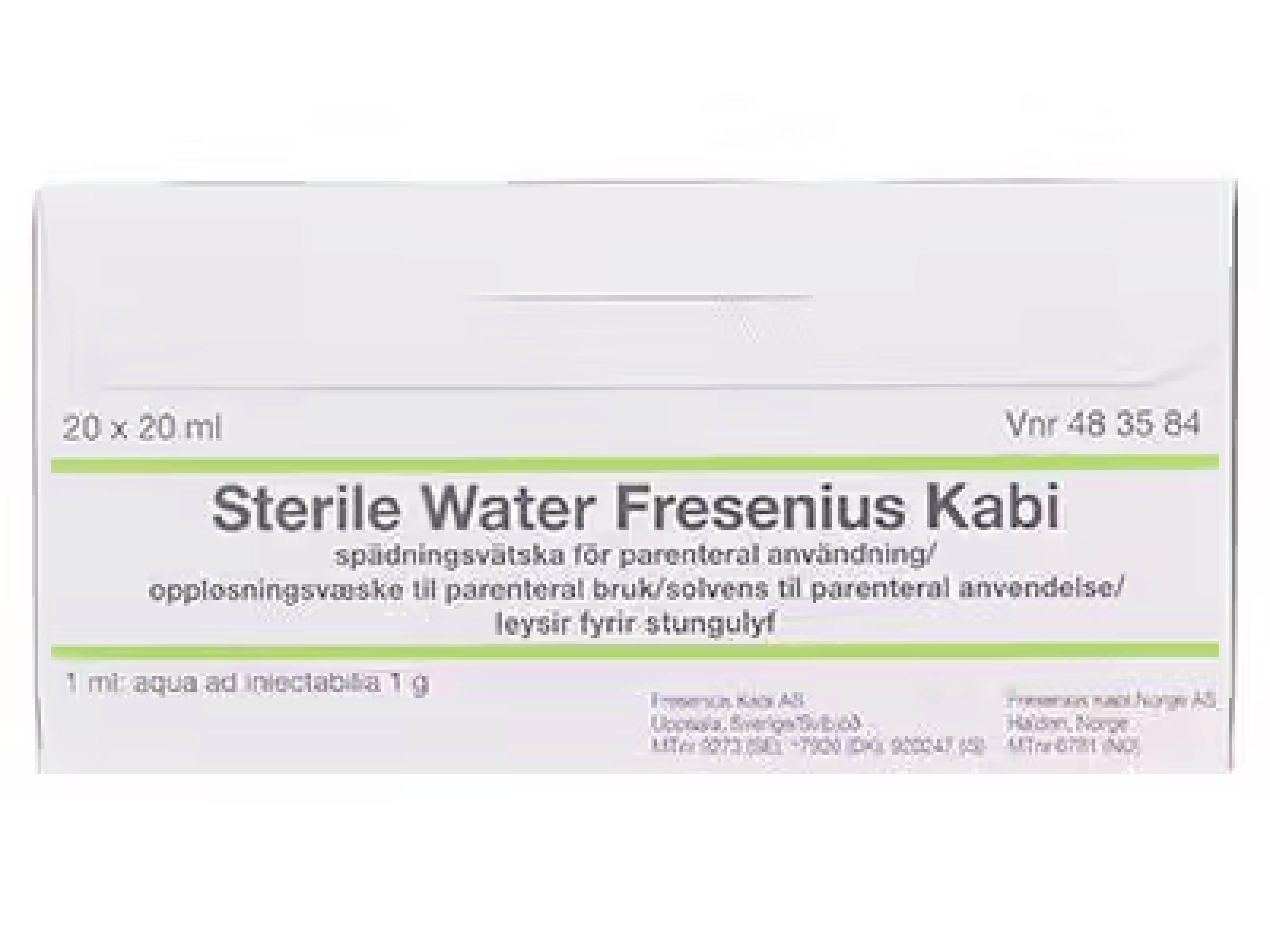 Sterile water Fresenius Kabi Oppløsningsvæske til parenteral bruk, 20 x 20 ml